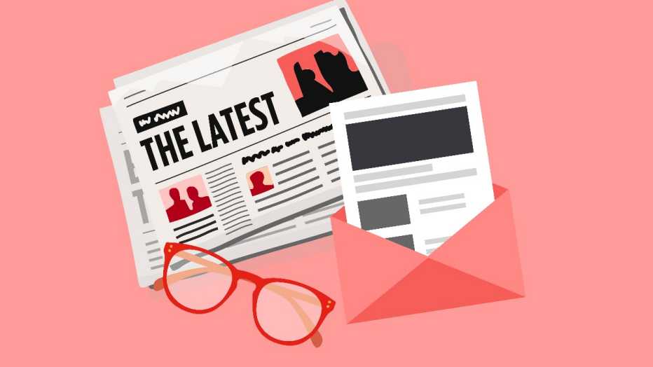 Illustration of an open envelope with a newsletter sticking out, a folded newspaper and glasses